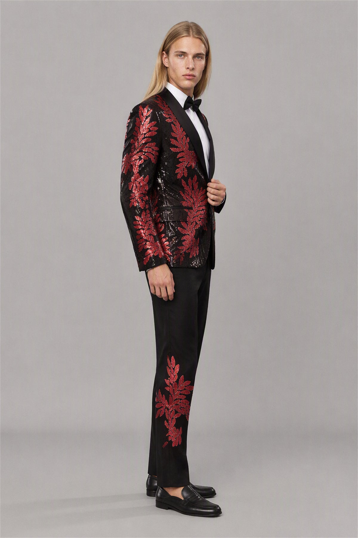 Men's Black Red Sequin Tuxedo Suit Set – Back View | Savile GA0190
