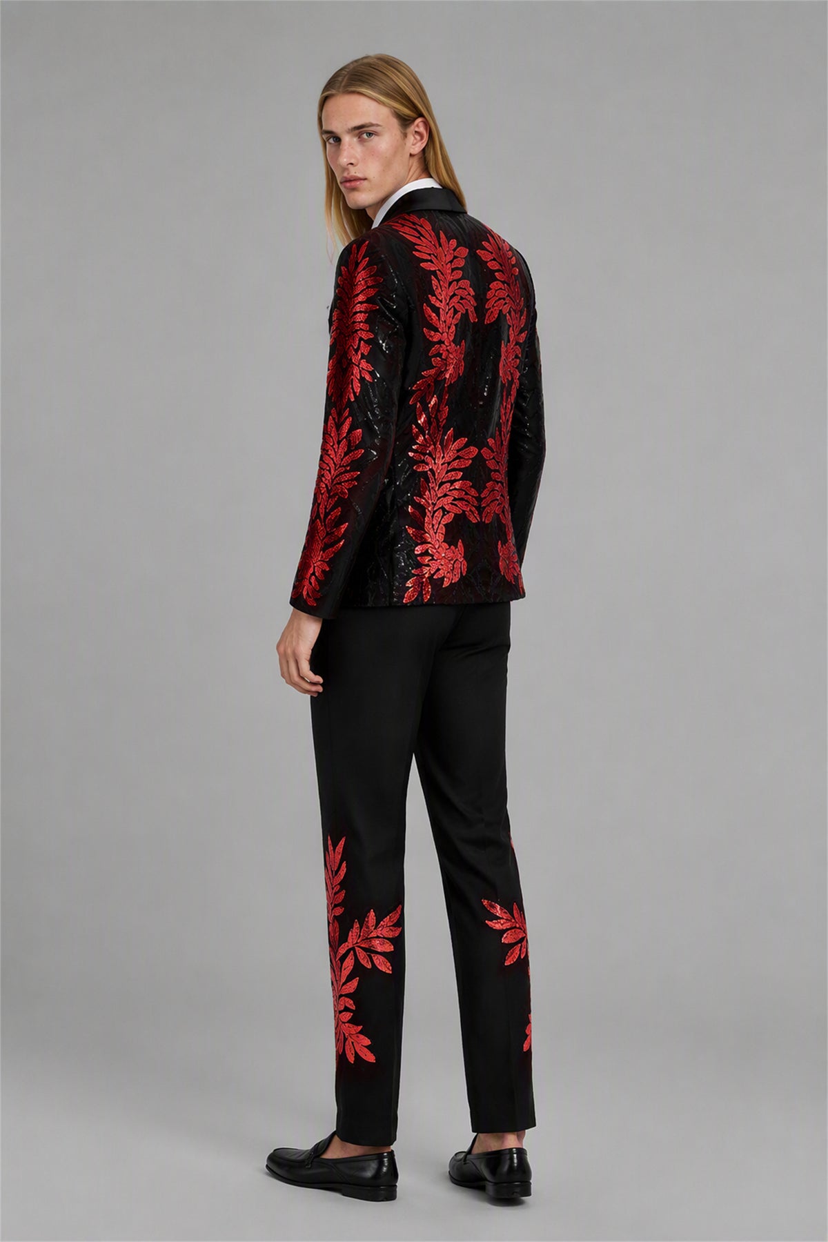 Men's Black Red Sequin Tuxedo Suit Set – Front Full Length | Savile GA0190