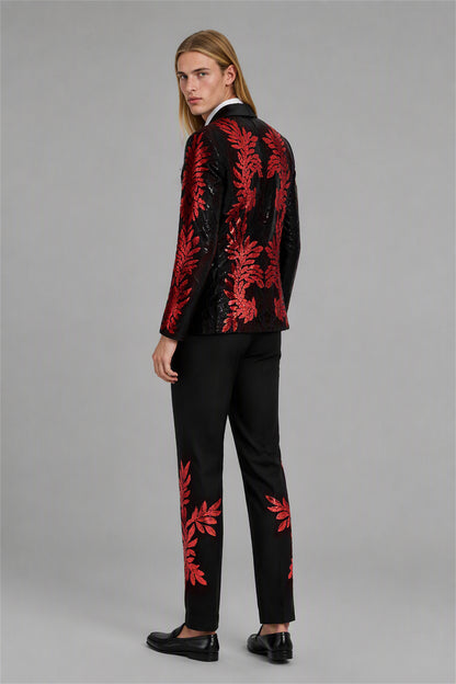 Men's Black Red Sequin Tuxedo Suit Set – Front Full Length | Savile GA0190