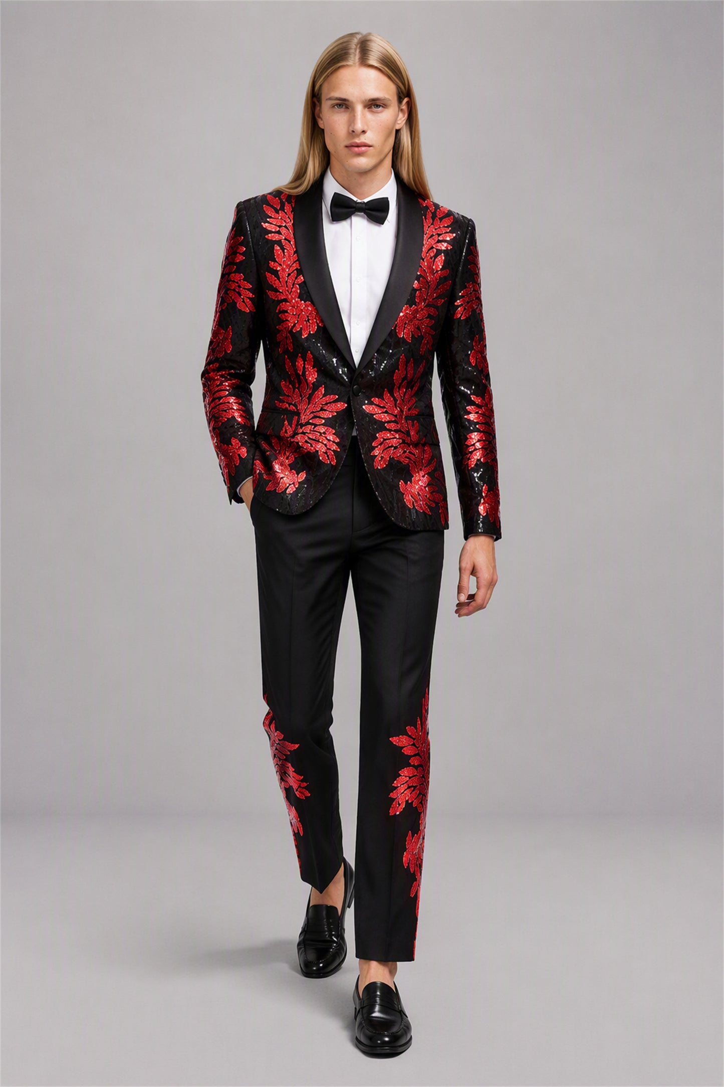 Men's Black Red Sequin Tuxedo Blazer – Upper Body Close-Up | Savile GA0190