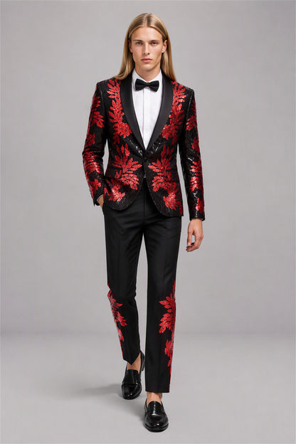 Men's Black Red Sequin Tuxedo Blazer – Upper Body Close-Up | Savile GA0190