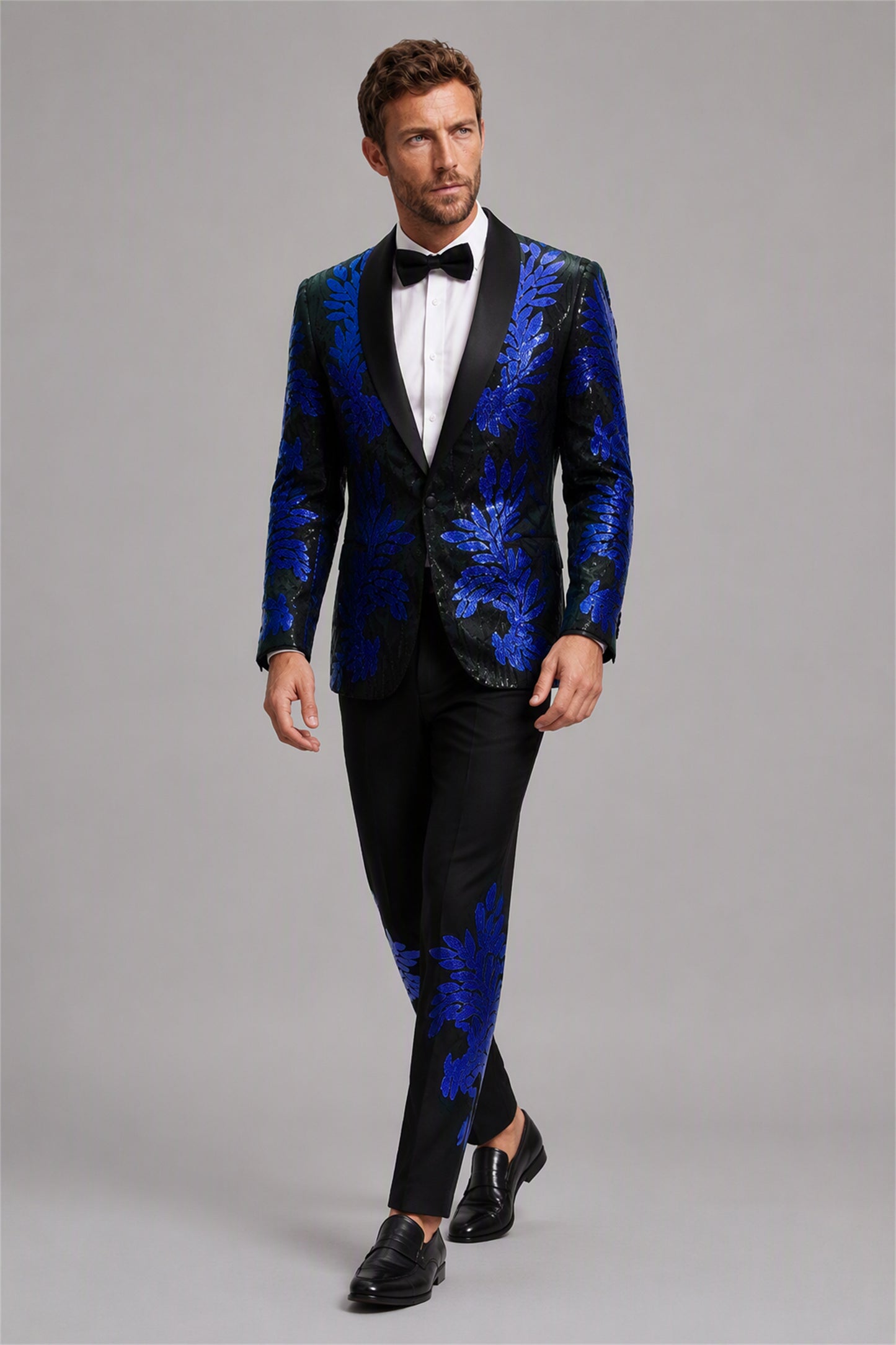 Men's Black Royal Blue Sequin Leaf Embroidered Tuxedo Blazer – Upper Body Close-Up | Savile GA0190