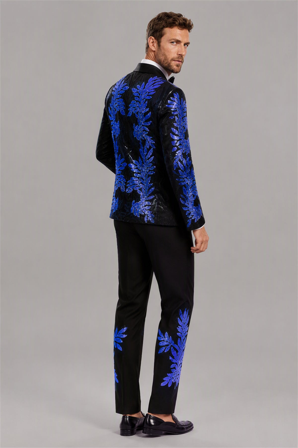 Men's Black Royal Blue Sequin Tuxedo Suit Set – Walking Dynamic View | Savile GA0190