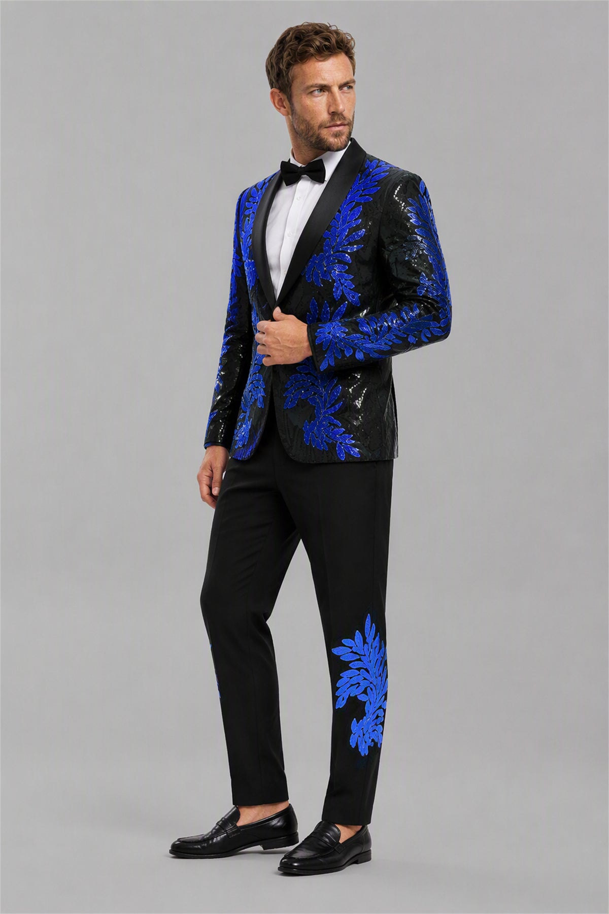 Men's Black Royal Blue Sequin Tuxedo Suit Set – Front Full Length | Savile GA0190