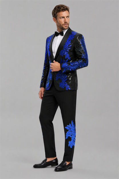 Men's Black Royal Blue Sequin Tuxedo Suit Set – Front Full Length | Savile GA0190