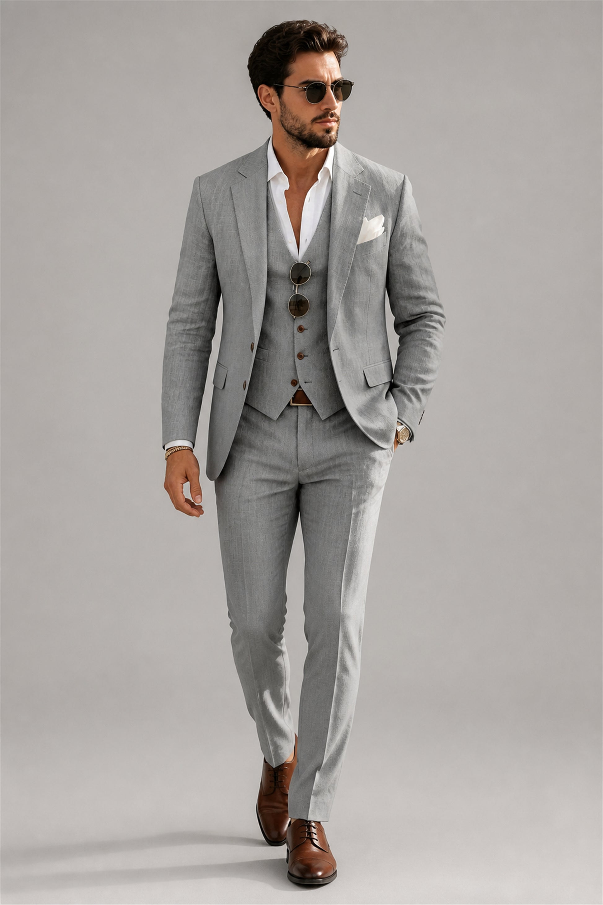 Men's Light Gray 3-Piece Slim Fit Suit Set – Front Full Length | Savile GA0191
