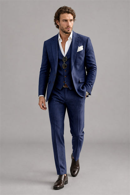 Men's Navy Blue 3-Piece Slim Fit Suit – Front Upper Body Close-Up | Savile GA0191