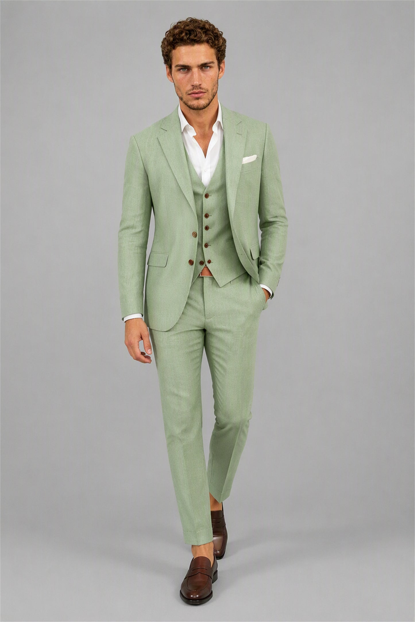 Men's Sage Green 3-Piece Slim Fit Linen Suit – Upper Body Close-Up | Savile GA0191