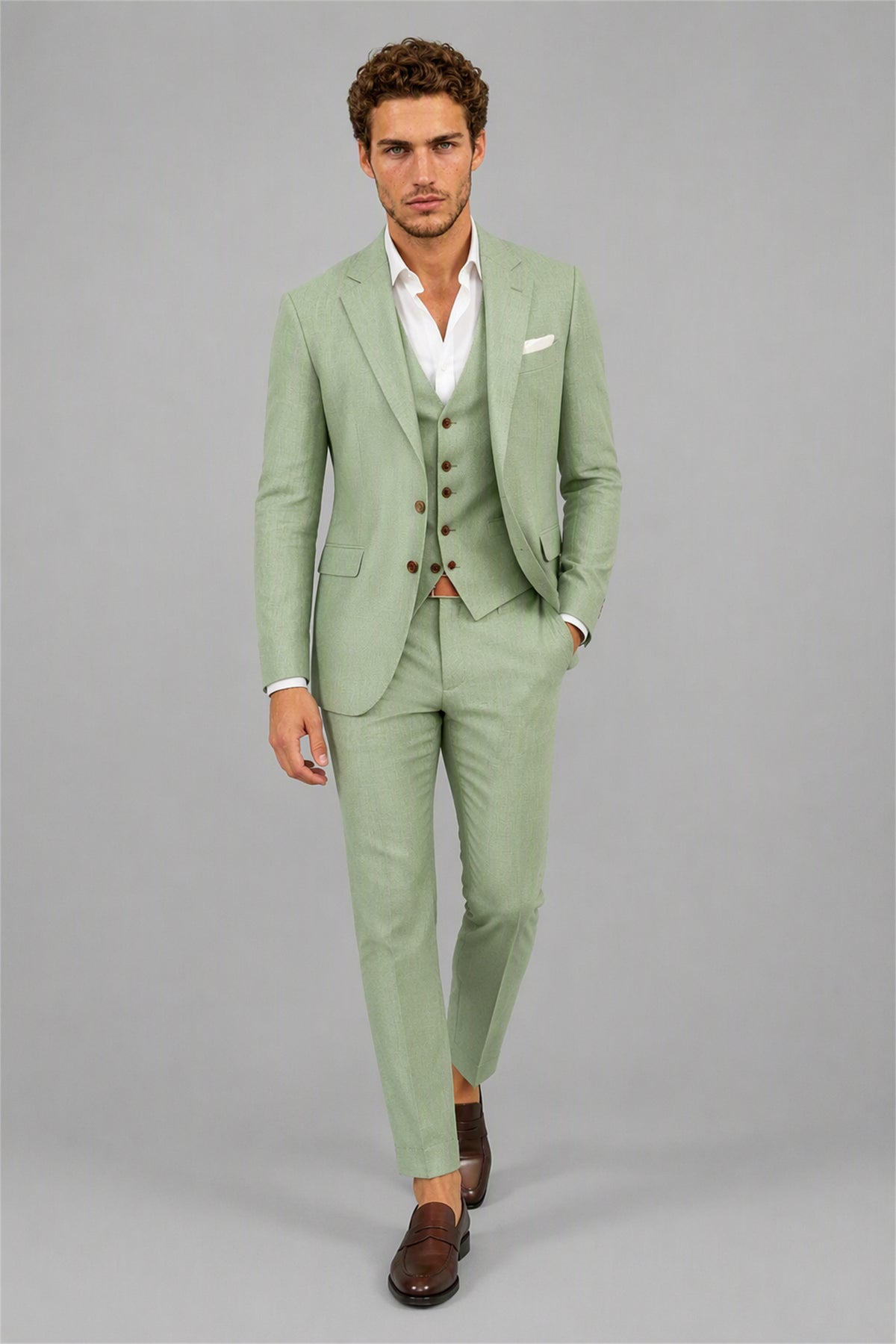 Men's Sage Green 3-Piece Slim Fit Linen Suit – Upper Body Close-Up | Savile GA0191