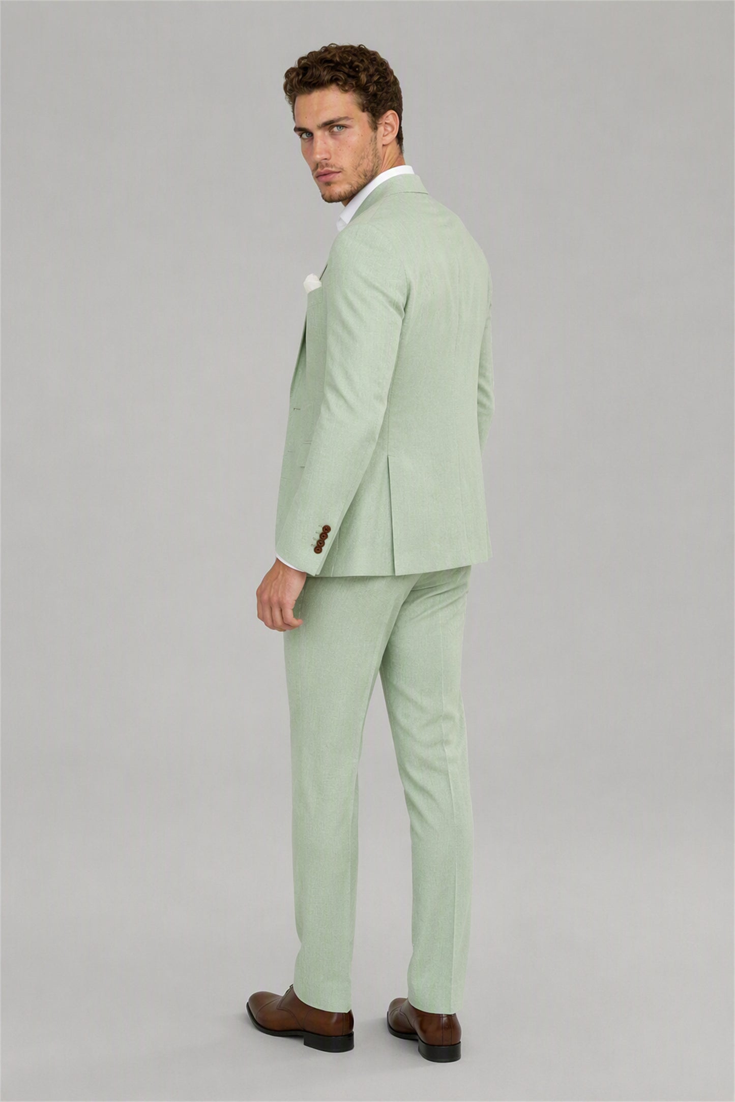 Men's Sage Green 3-Piece Linen Suit Set – Front Full Length Walking | Savile GA0191