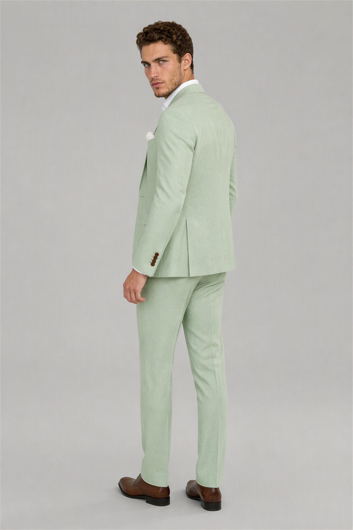 Men's Sage Green 3-Piece Linen Suit Set – Front Full Length Walking | Savile GA0191
