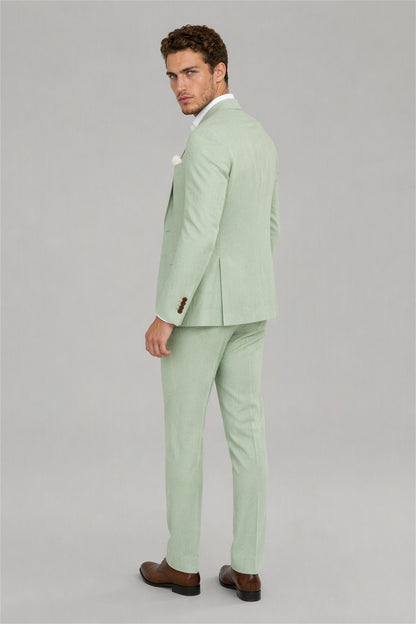 Men's Sage Green 3-Piece Linen Suit Set – Front Full Length Walking | Savile GA0191