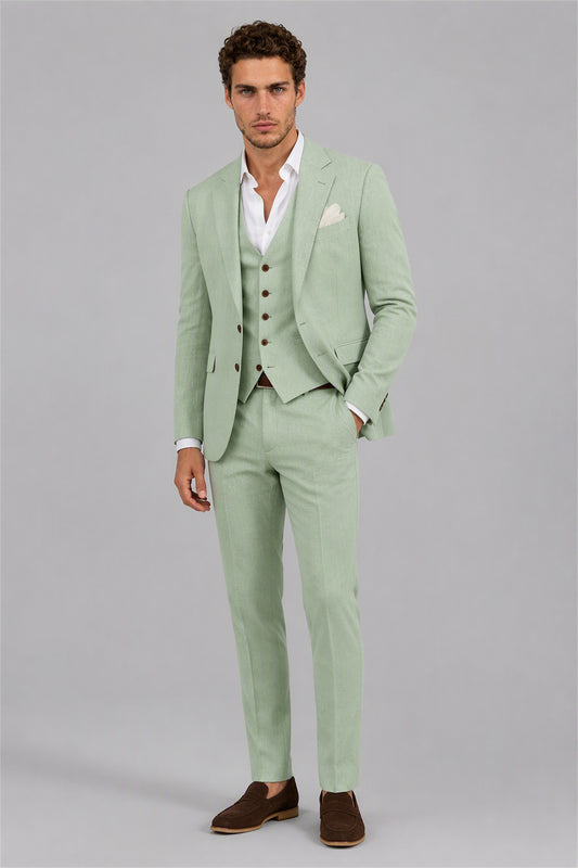 Men's Sage Green 3-Piece Linen Suit Set – Back View | Savile GA0191