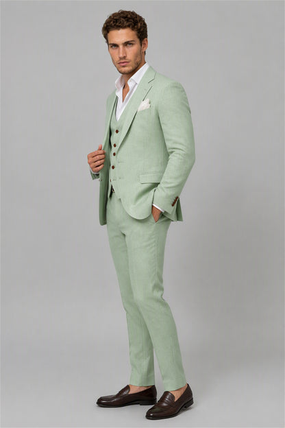 Men's Sage Green 3-Piece Linen Suit Set – Front Full Length Standing | Savile GA0191