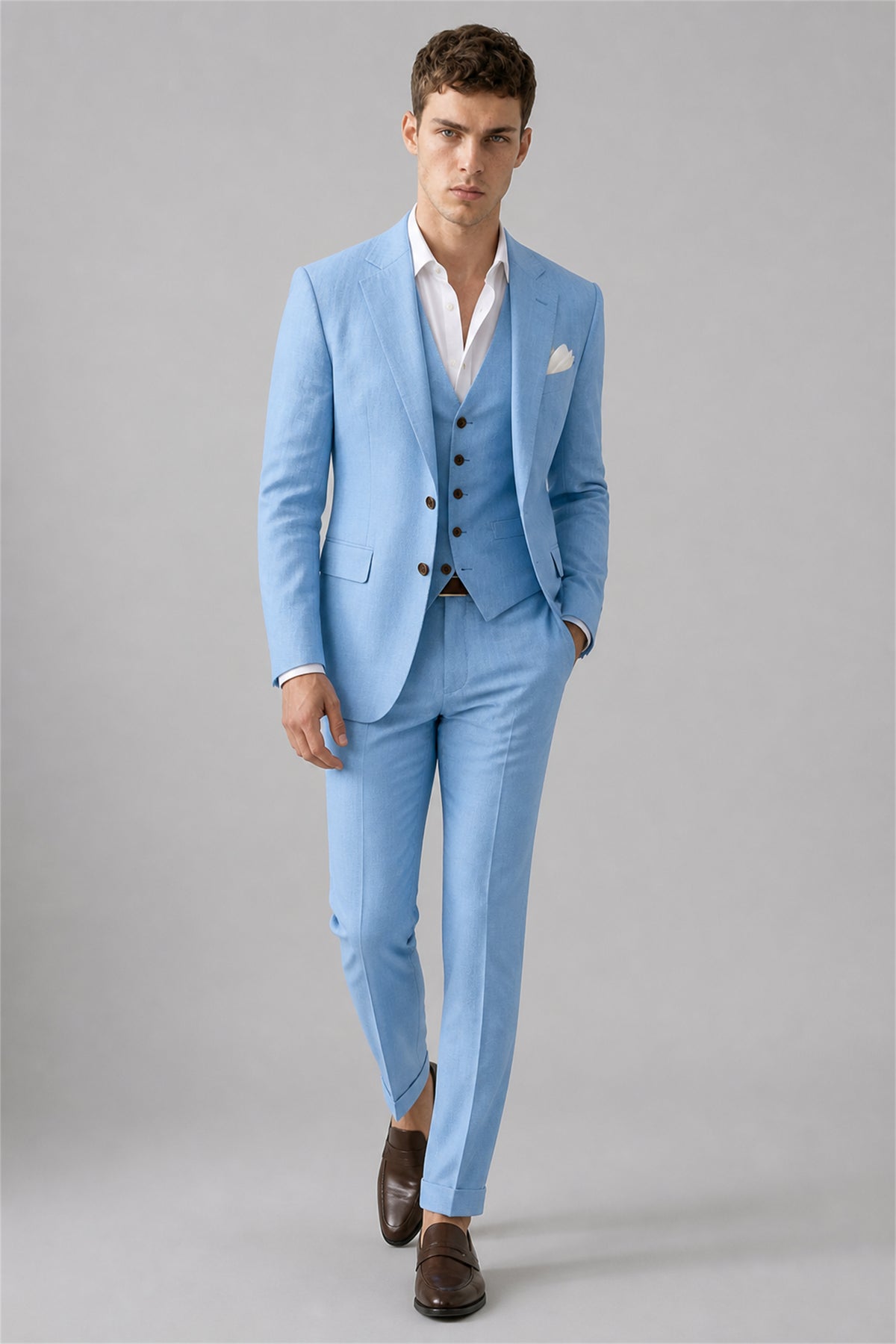 Men's Sky Blue 3-Piece Slim Fit Linen Suit – Upper Body Close-Up | Savile GA0191
