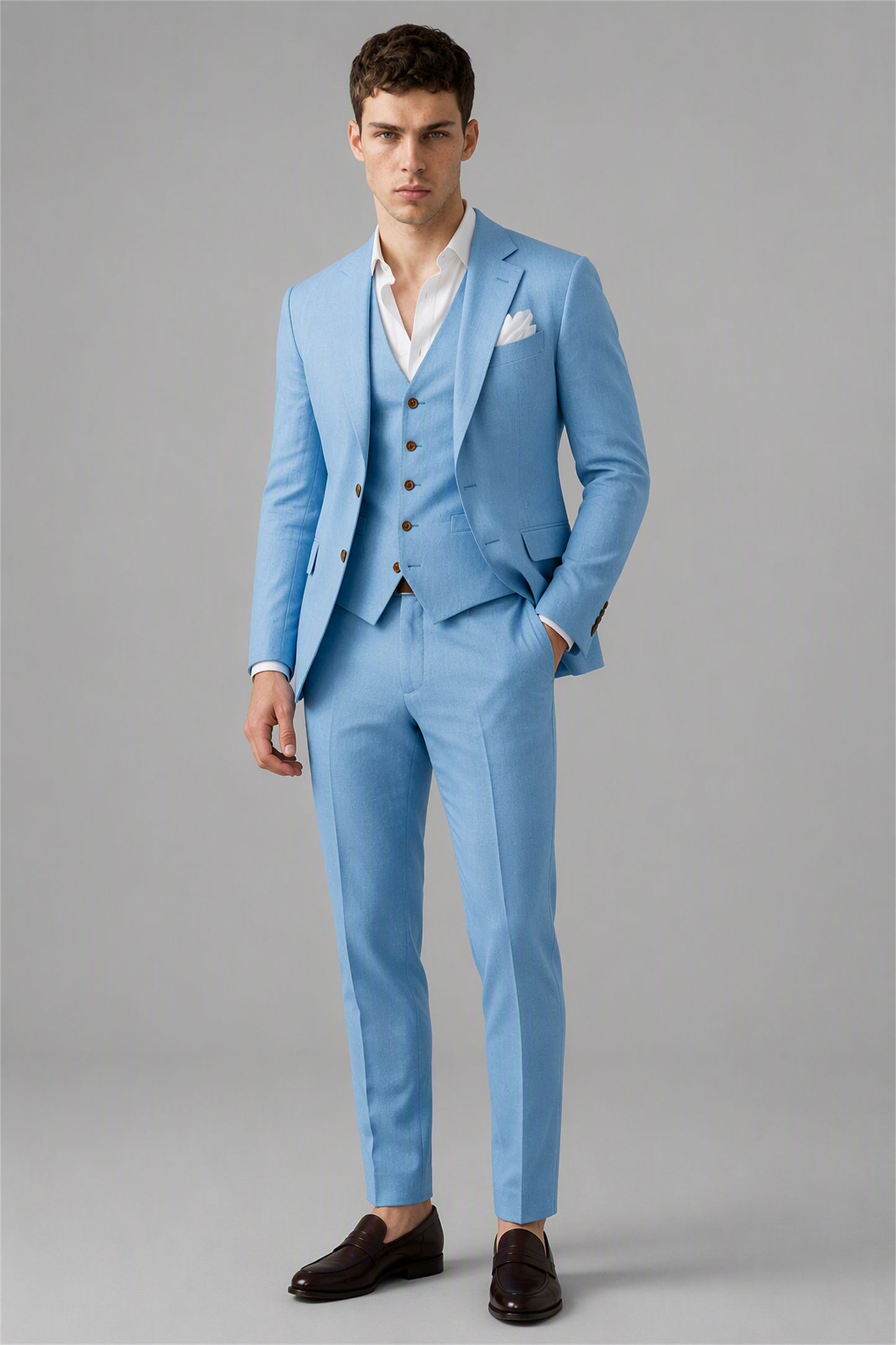 Men's Sky Blue 3-Piece Linen Suit Set – Walking Full Length | Savile GA0191