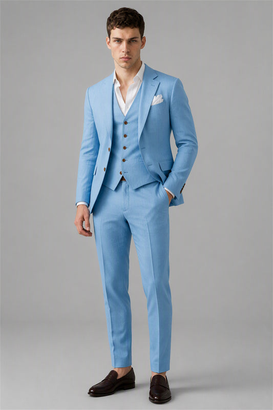 Men's Sky Blue 3-Piece Linen Suit Set – Walking Full Length | Savile GA0191