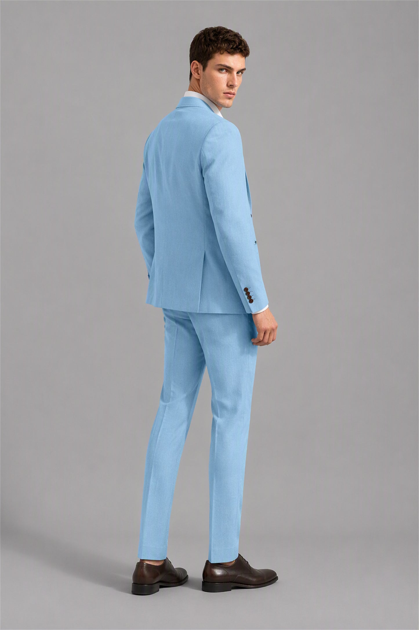 Men's Sky Blue 3-Piece Linen Suit Set – Front Full Length | Savile GA0191