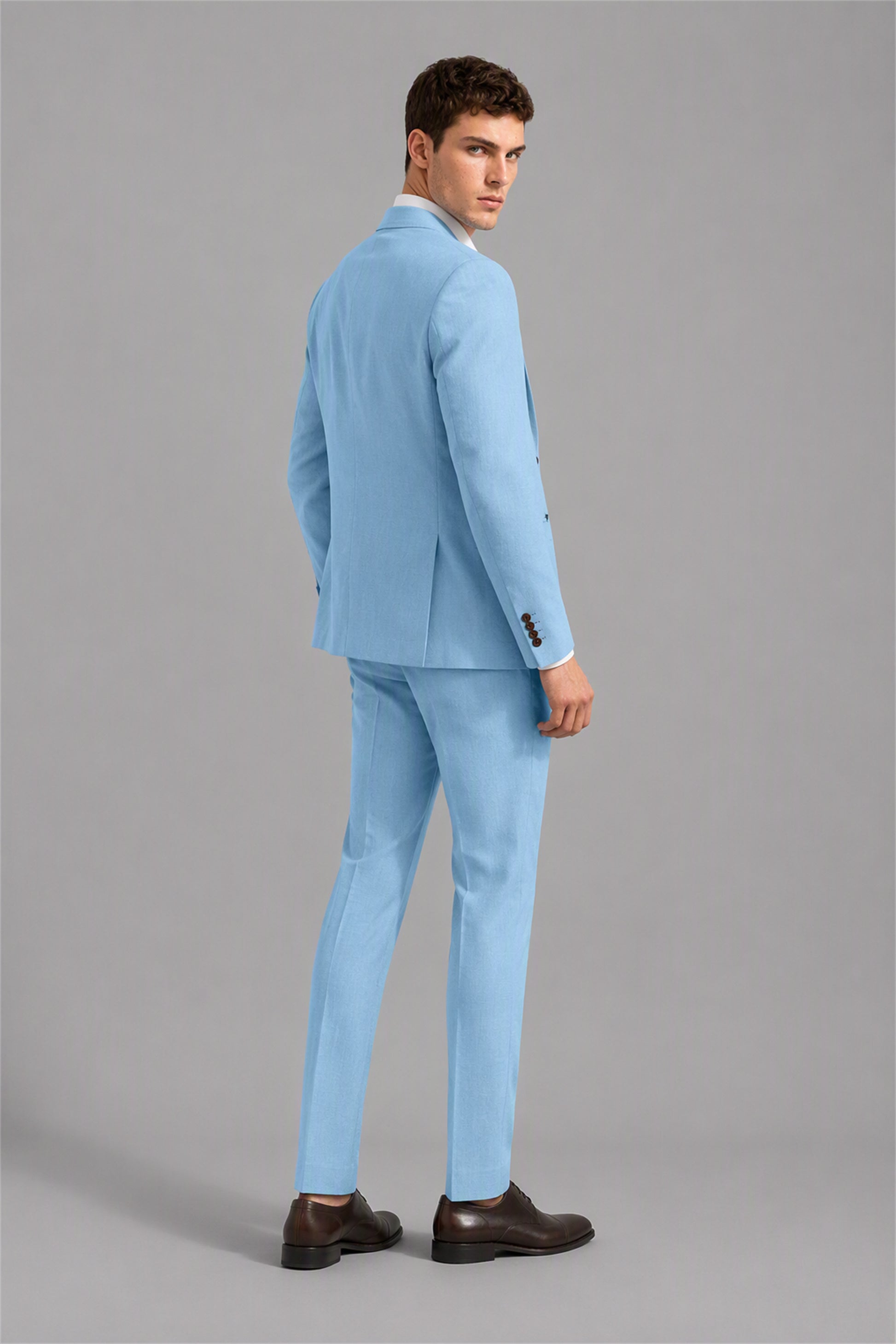 Men's Sky Blue 3-Piece Linen Suit Set – Front Full Length | Savile GA0191
