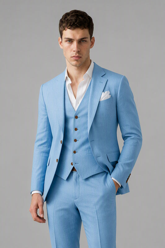 Men's Sky Blue 3-Piece Linen Suit Set – Back View | Savile GA0191
