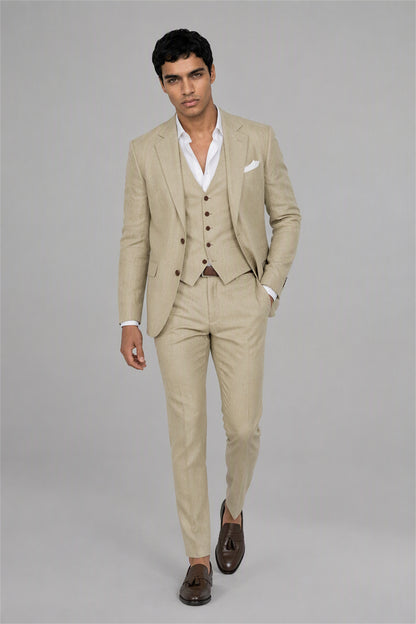 Men's Tan 3-Piece Slim Fit Linen Suit – Upper Body Close-Up | Savile GA0191