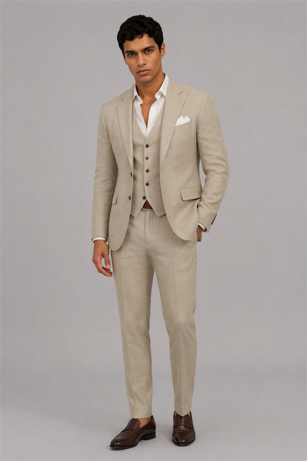 Men's Tan 3-Piece Linen Suit Set – Walking Full Length | Savile GA0191