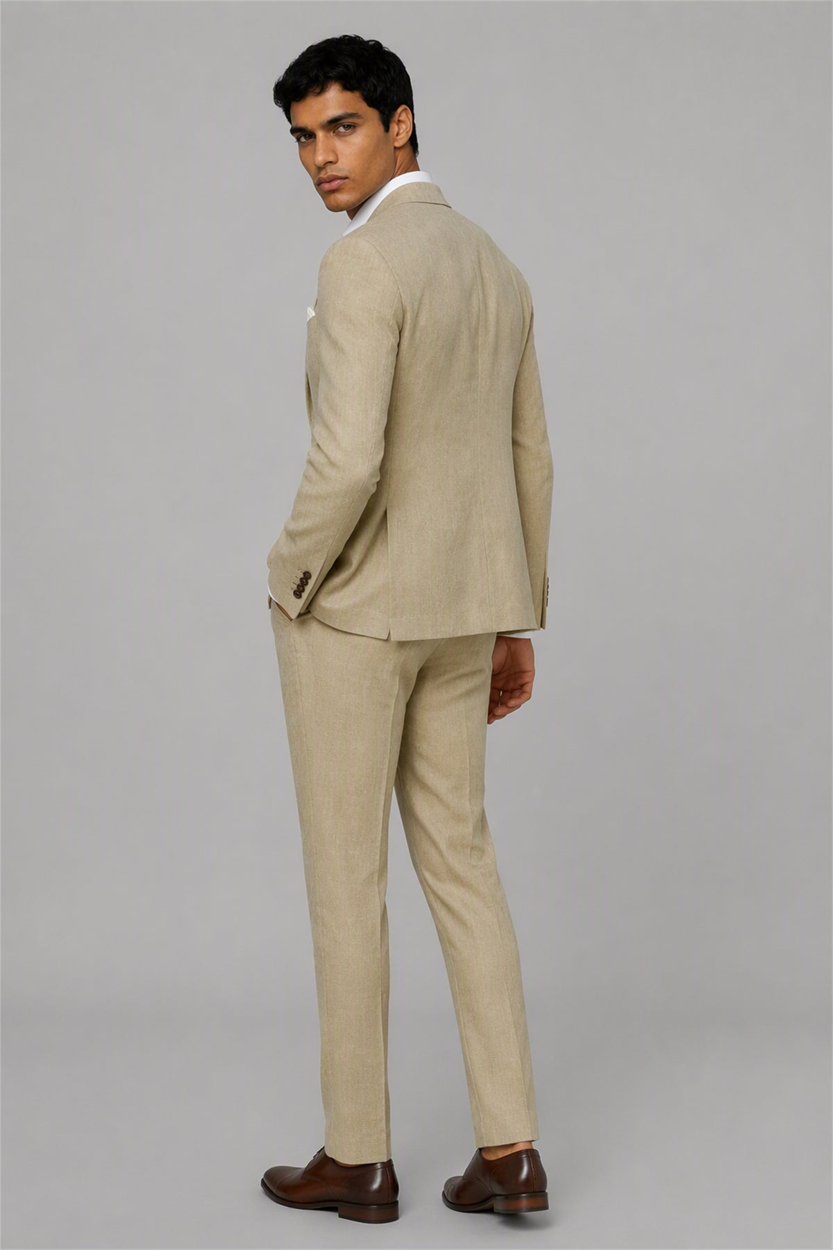 Men's Tan 3-Piece Linen Suit Set – Front Full Length | Savile GA0191