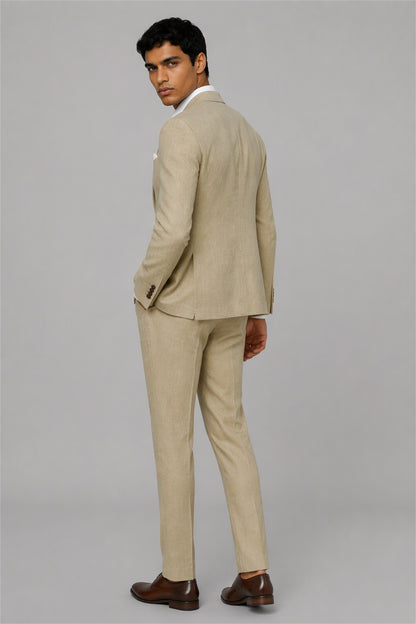 Men's Tan 3-Piece Linen Suit Set – Front Full Length | Savile GA0191