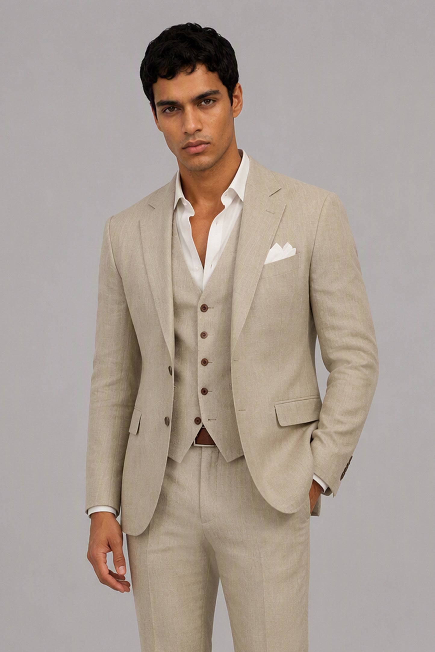 Men's Tan 3-Piece Linen Suit Set – Back View | Savile GA0191