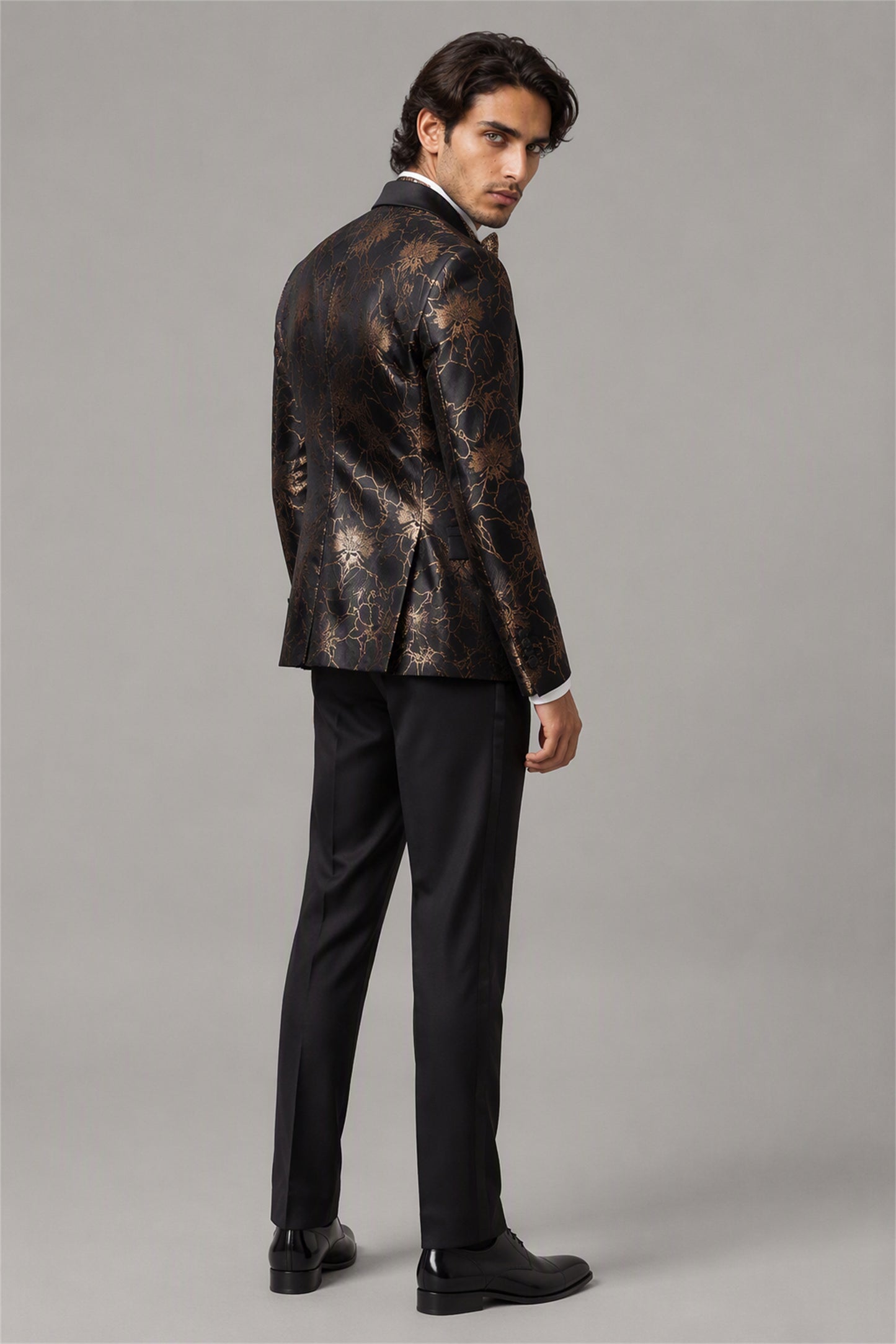 Men's Black Gold Floral Jacquard Tuxedo Blazer – Front Upper Body Close-Up | Savile GA0192