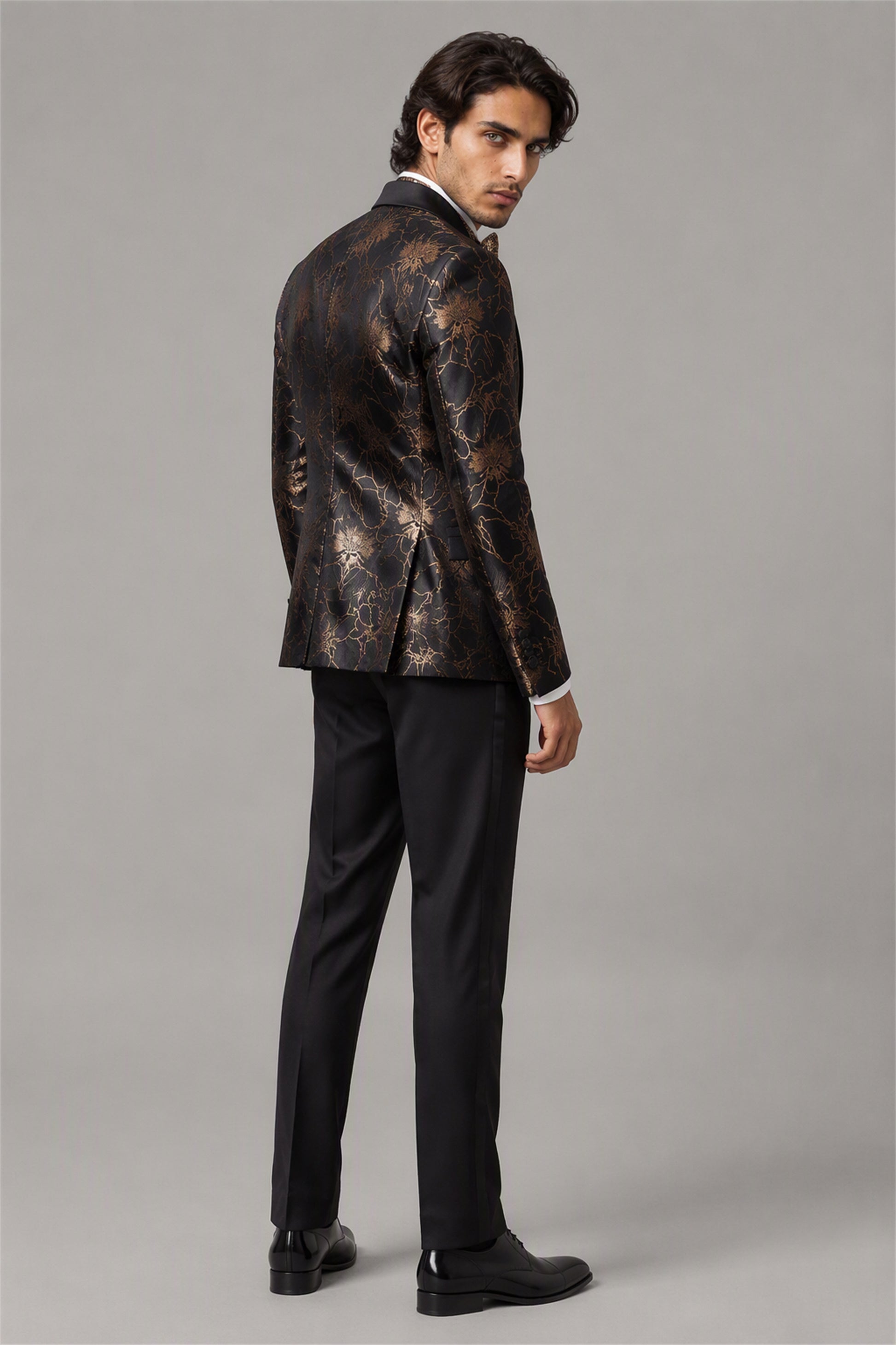 Men's Black Gold Floral Jacquard Tuxedo Blazer – Front Upper Body Close-Up | Savile GA0192