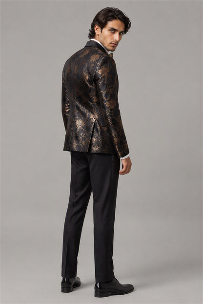 Men's Black Gold Floral Jacquard Tuxedo Blazer – Front Upper Body Close-Up | Savile GA0192