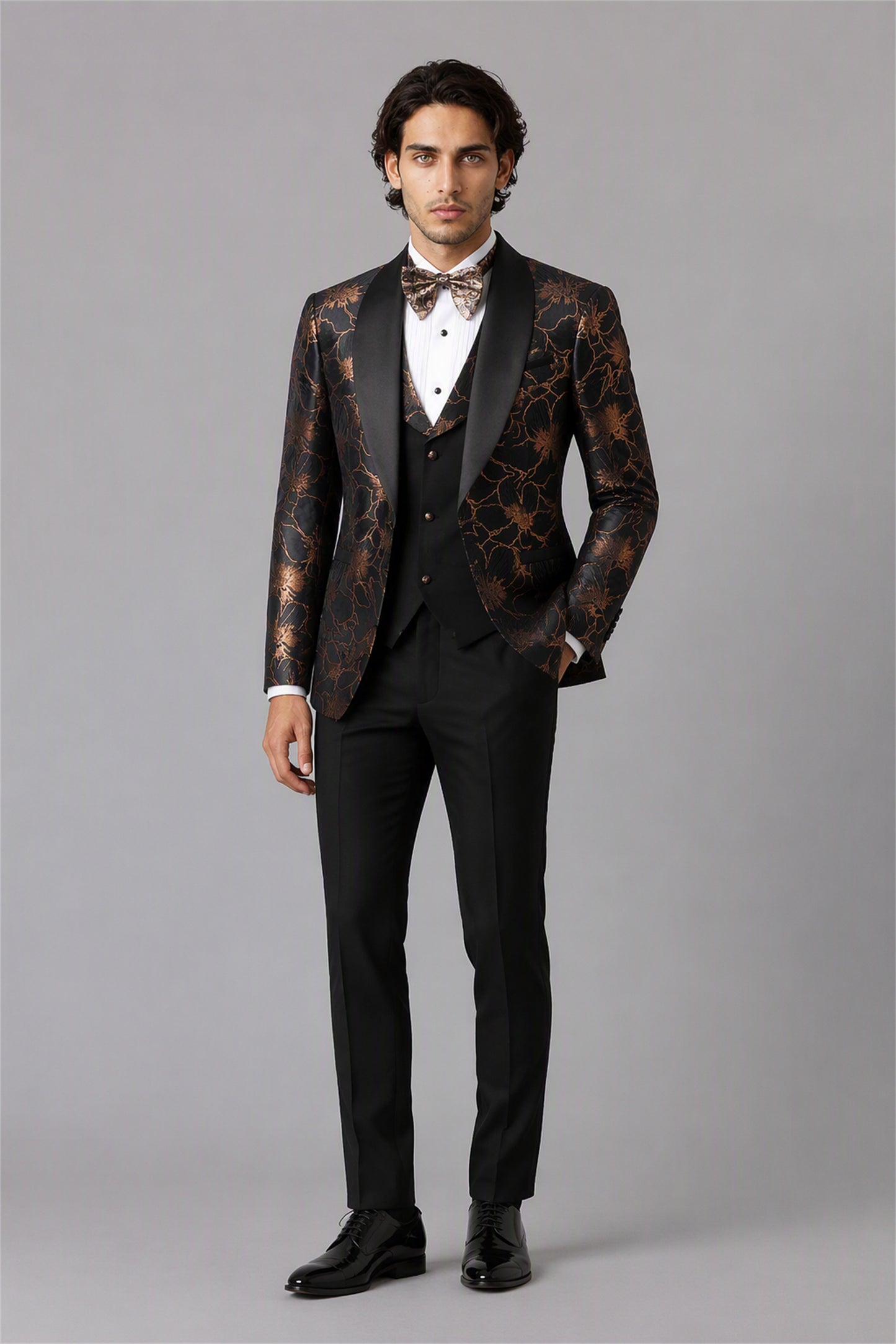 Men's Black Gold Floral Jacquard 3-Piece Tuxedo Suit Set – Back Full Length | Savile GA0192
