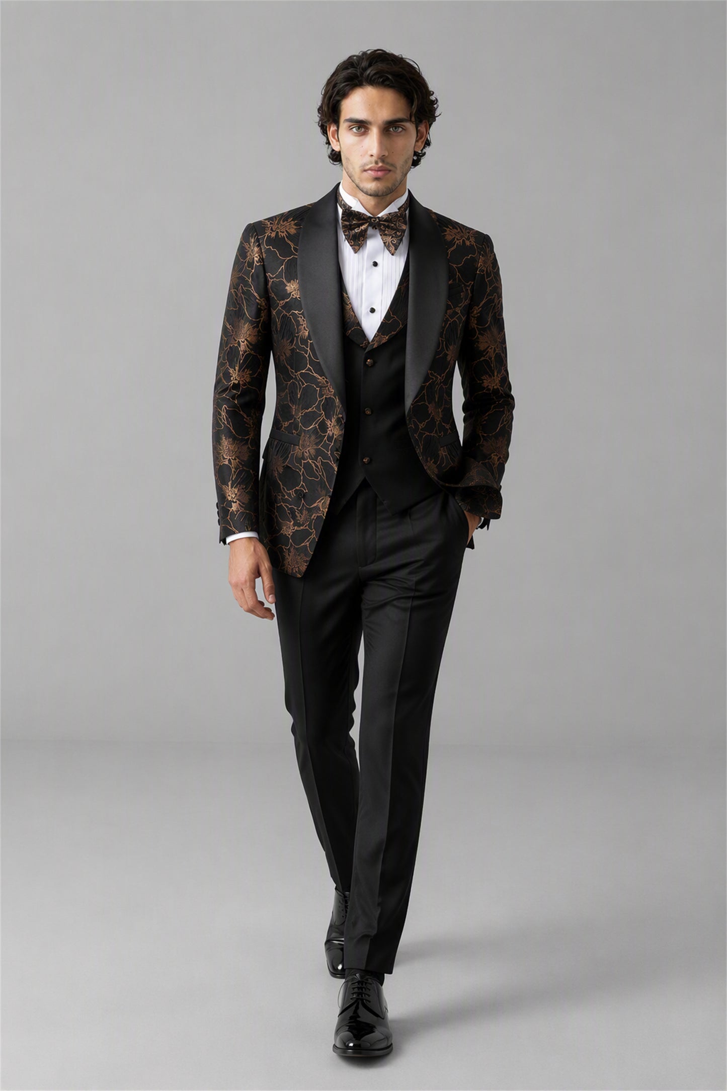 Men's Black Gold Floral Jacquard 3-Piece Tuxedo Suit Set – Front Full Length Standing | Savile GA0192