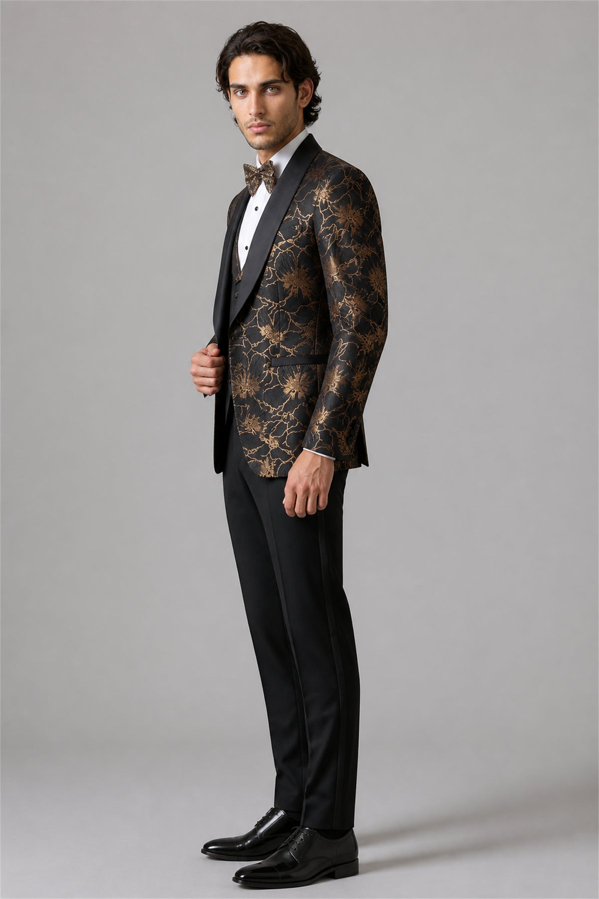Men's Black Gold Floral Jacquard 3-Piece Tuxedo Suit Set – Walking Dynamic View | Savile GA0192