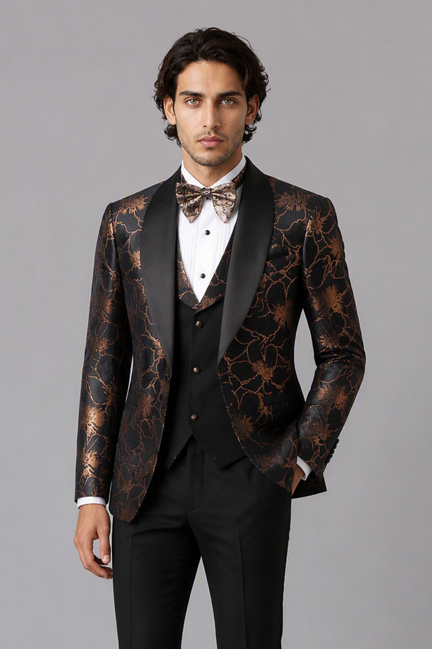 Men's Black Gold Floral Jacquard 3-Piece Tuxedo Suit Set – Side Full Length | Savile GA0192