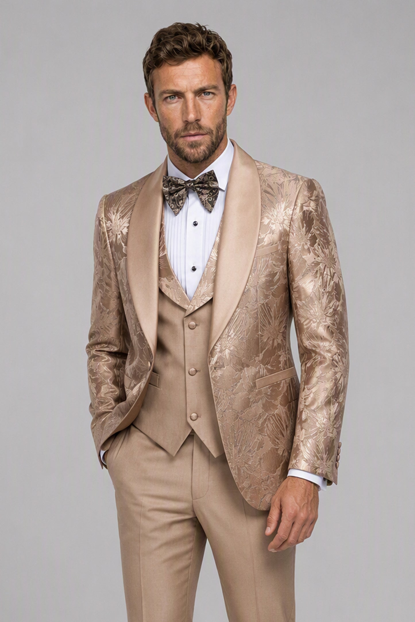 Men's Champagne Gold Floral Jacquard 3-Piece Tuxedo Suit Set – Front Full Length | Savile GA0192