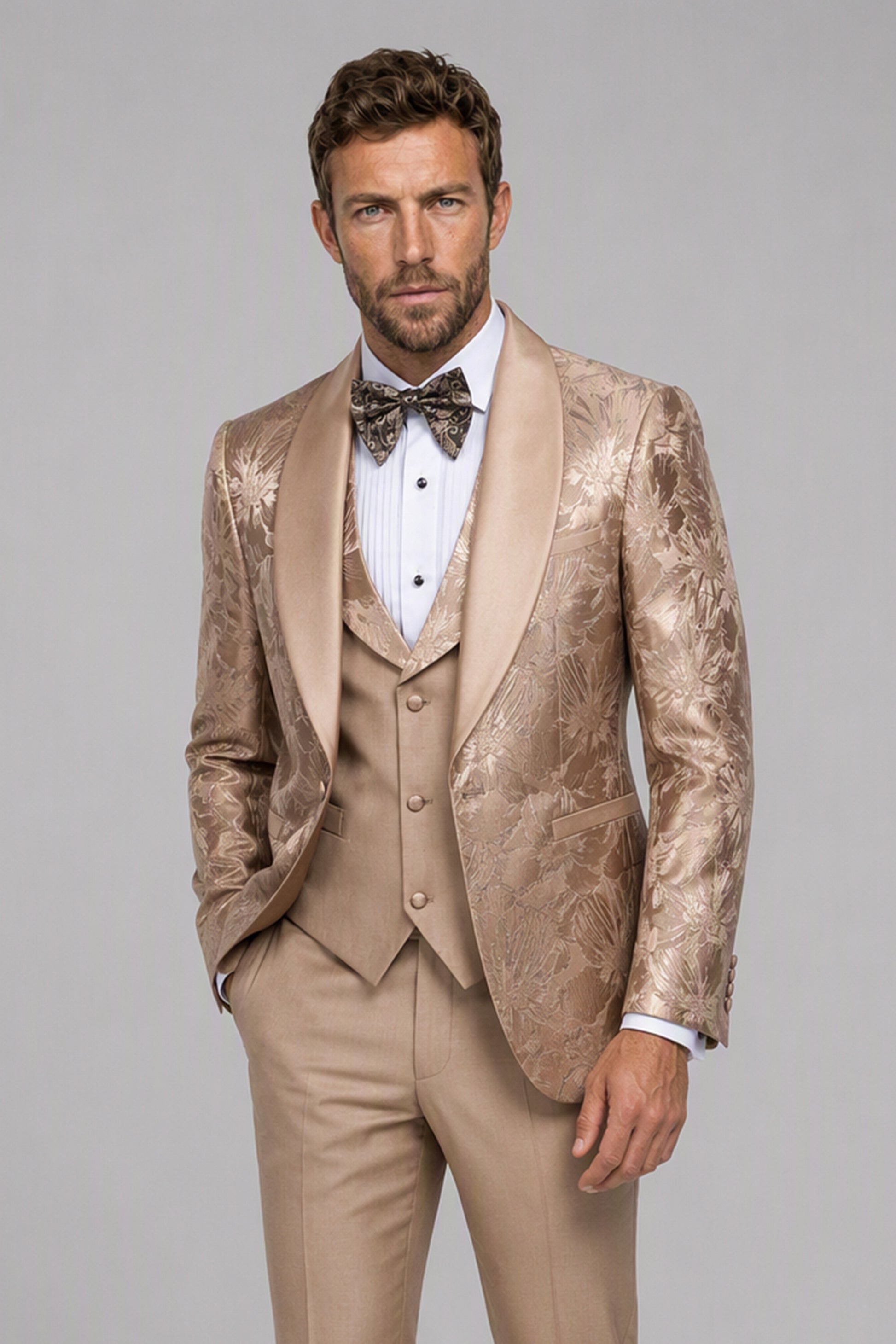 Men's Champagne Gold Floral Jacquard 3-Piece Tuxedo Suit Set – Front Full Length | Savile GA0192