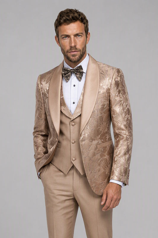 Men's Champagne Gold Floral Jacquard 3-Piece Tuxedo Suit Set – Front Full Length | Savile GA0192