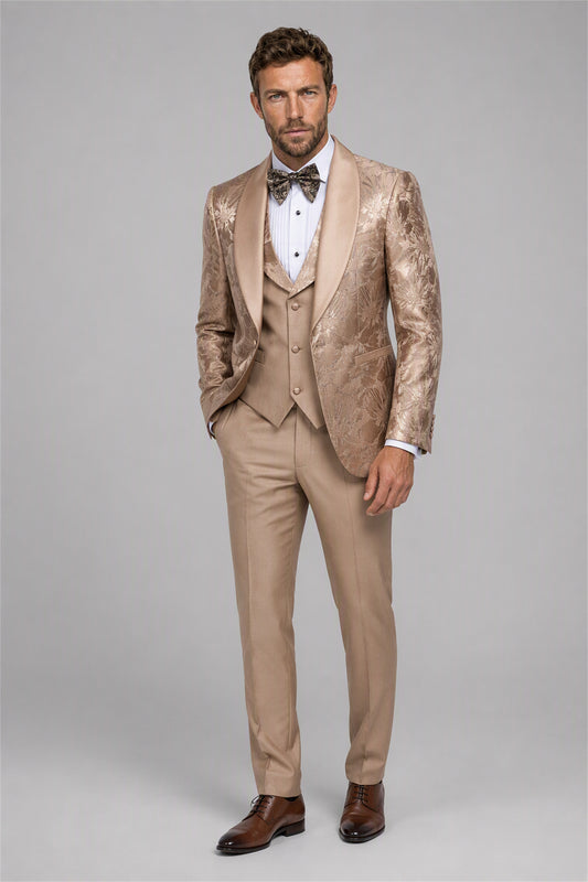 Men's Champagne Gold Floral Jacquard 3-Piece Tuxedo Suit Set – Back Side View | Savile GA0192