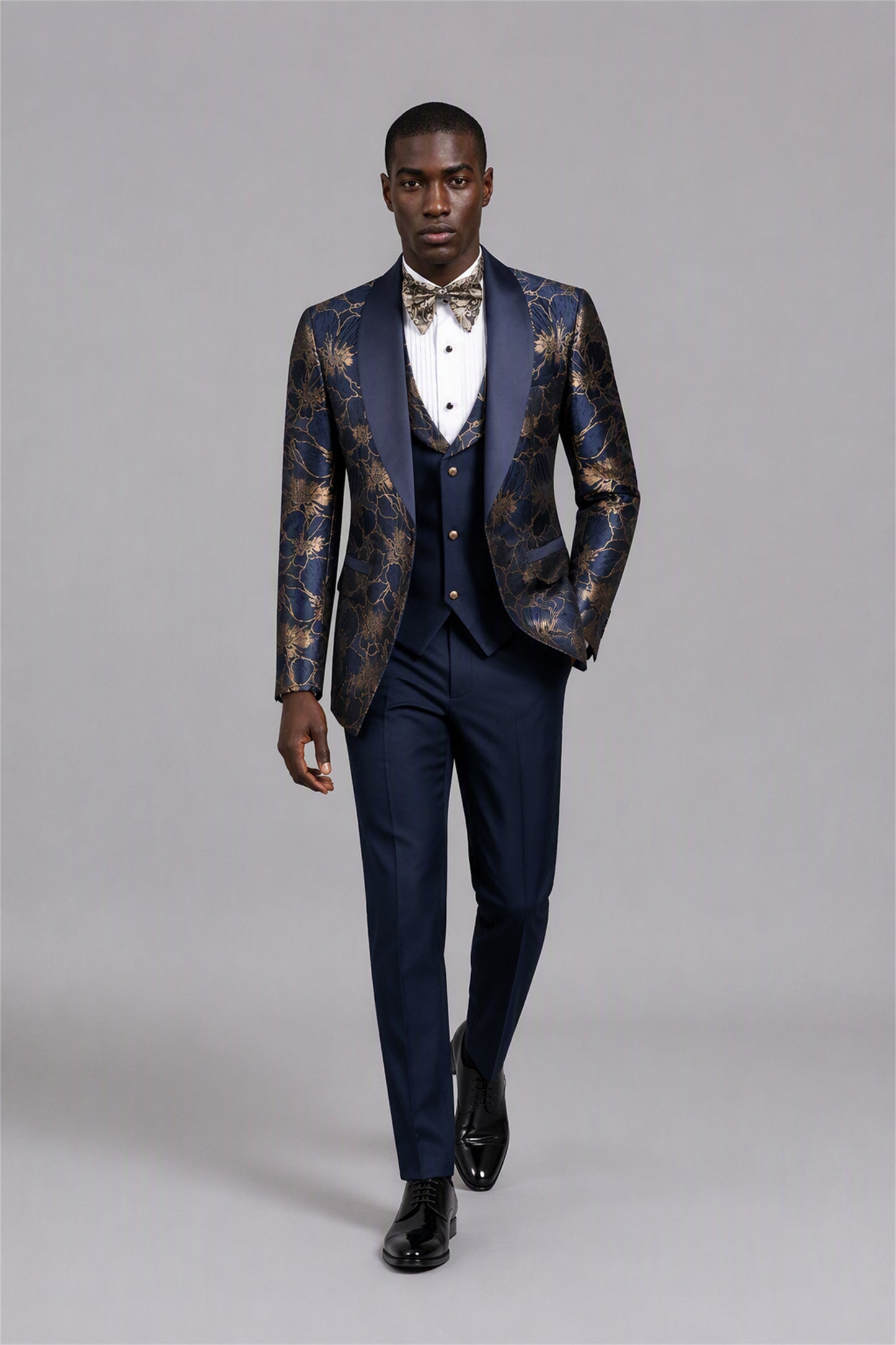 Men's Navy Blue Gold Floral Jacquard Tuxedo Suit Set – Side Three-Quarter View | Savile GA0192