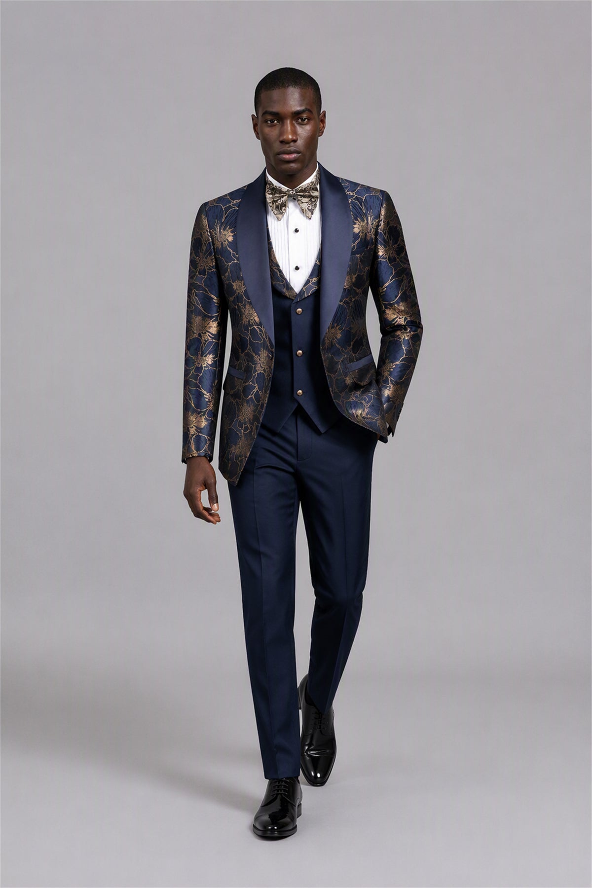 Men's Navy Blue Gold Floral Jacquard Tuxedo Suit Set – Side Three-Quarter View | Savile GA0192