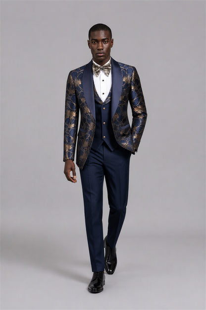 Men's Navy Blue Gold Floral Jacquard Tuxedo Suit Set – Side Three-Quarter View | Savile GA0192
