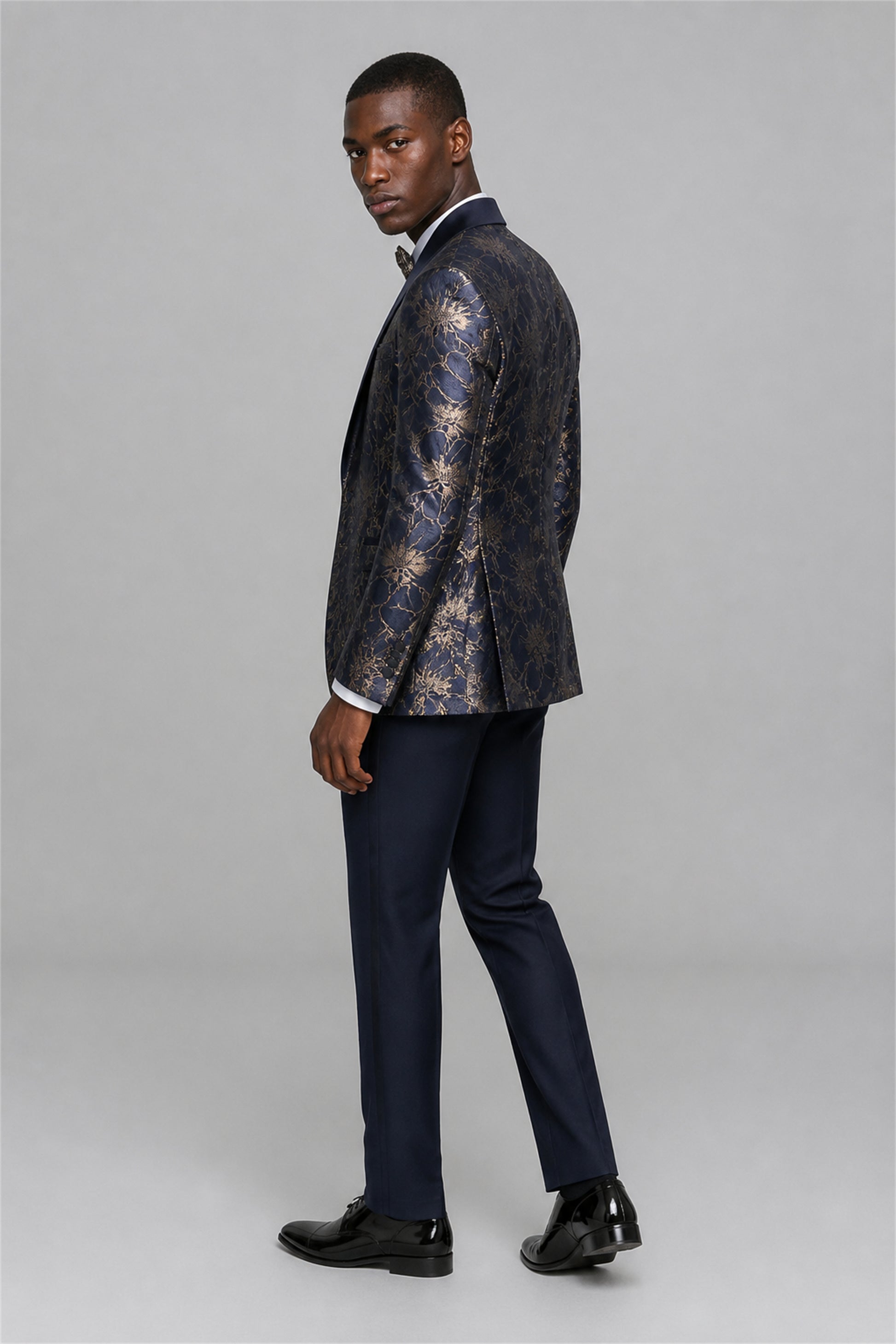 Men's Navy Blue Gold Floral Jacquard 3-Piece Tuxedo Suit Set – Walking Front View | Savile GA0192