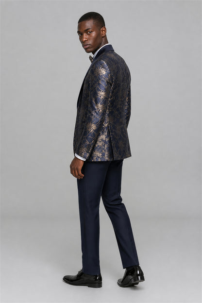 Men's Navy Blue Gold Floral Jacquard 3-Piece Tuxedo Suit Set – Walking Front View | Savile GA0192