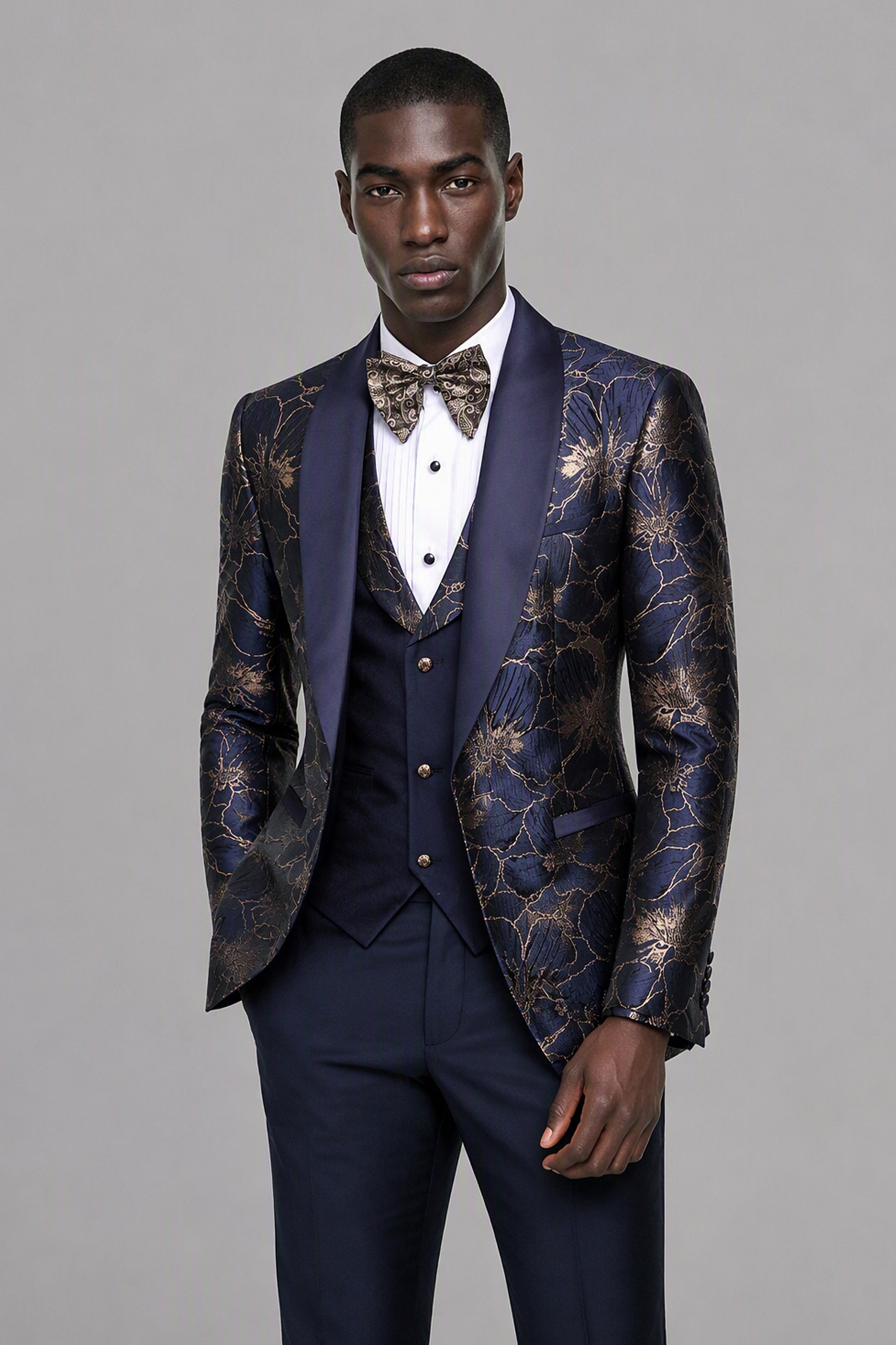 Men's Navy Blue Gold Floral Jacquard 3-Piece Tuxedo Suit Set – Back Side View | Savile GA0192