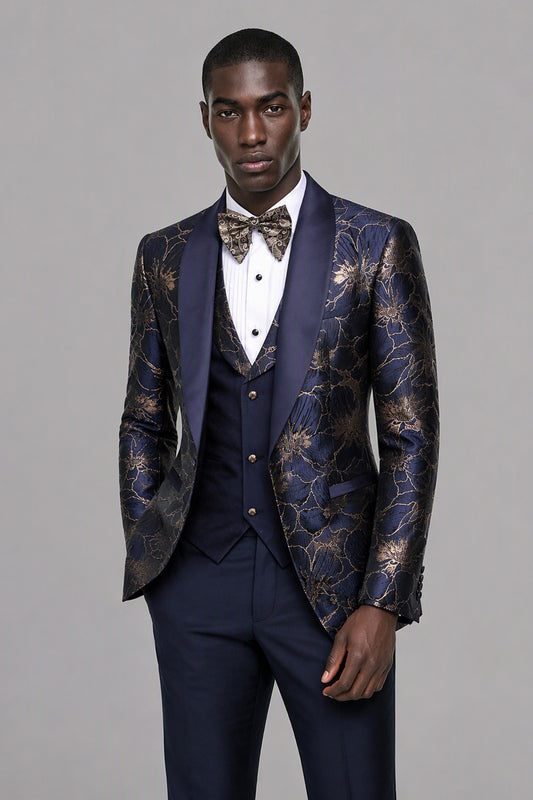 Men's Navy Blue Gold Floral Jacquard 3-Piece Tuxedo Suit Set – Back Side View | Savile GA0192