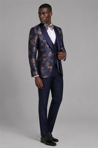 Men's Navy Blue Gold Floral Jacquard 3-Piece Tuxedo Suit Set – Front Full Length Close-Up | Savile GA0192