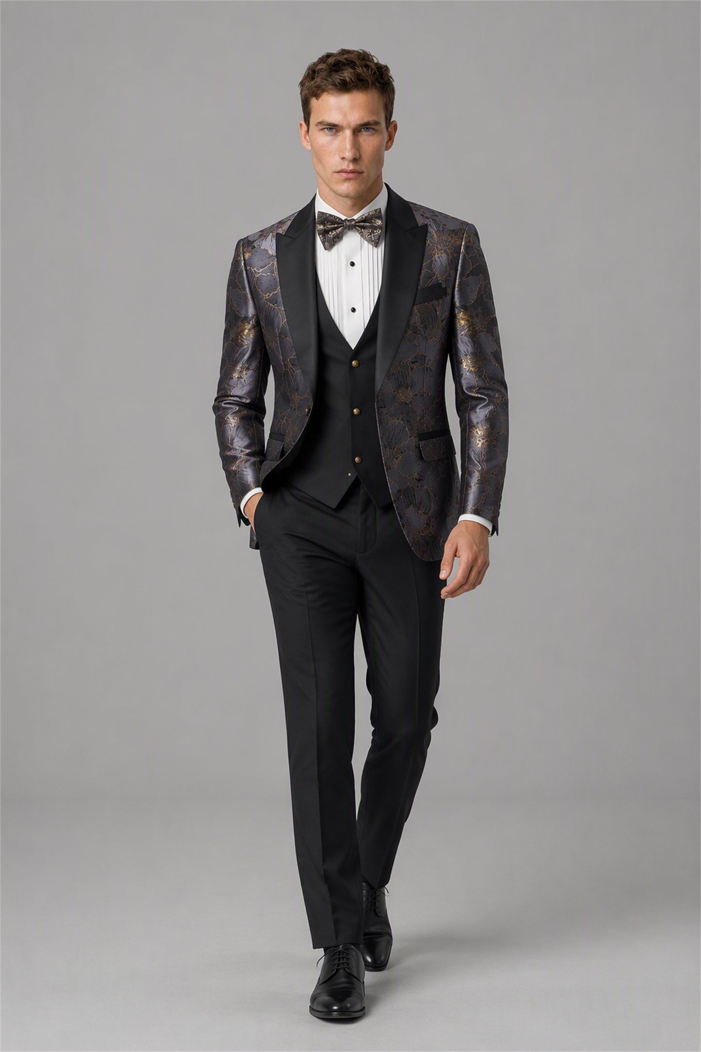 Men's Dark Purple Gold Floral Jacquard Tuxedo Blazer – Front Upper Body Close-Up | Savile GA0192