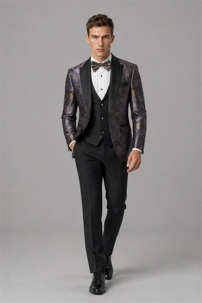 Men's Dark Purple Gold Floral Jacquard Tuxedo Blazer – Front Upper Body Close-Up | Savile GA0192
